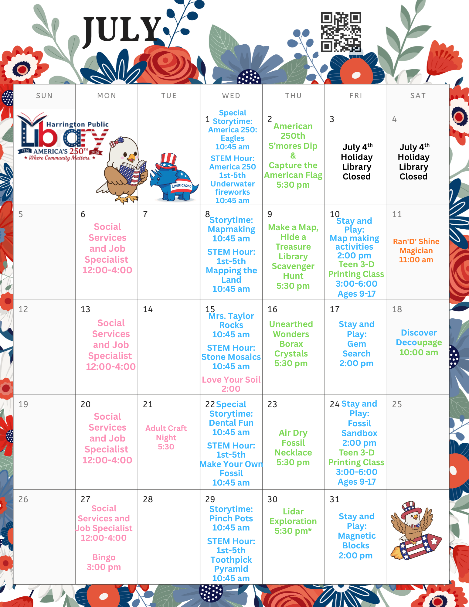 Harrington Library July Calendar of Events In English